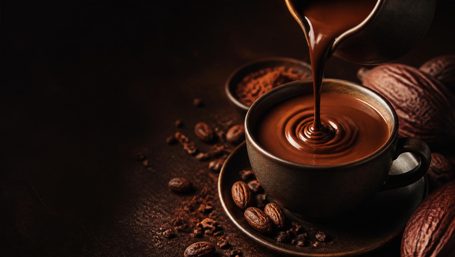 Molten dark chocolate poured into a cup of Arista hot chocolate